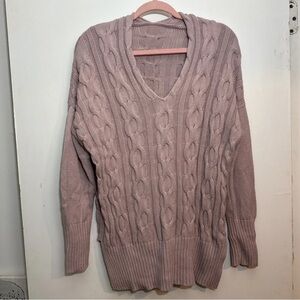 Elegant V-Neck Cable Knit Sweater - Mauve